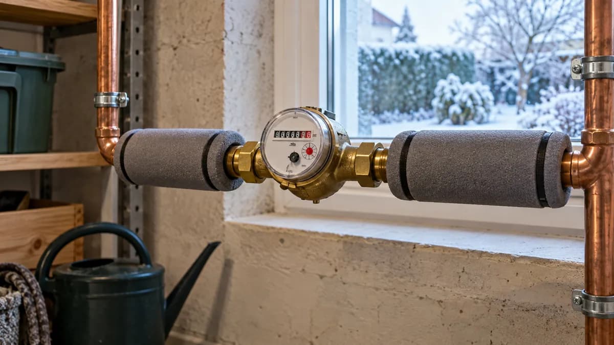 Compteur d’eau et canalisations protégées par des gaines isolantes en hiver