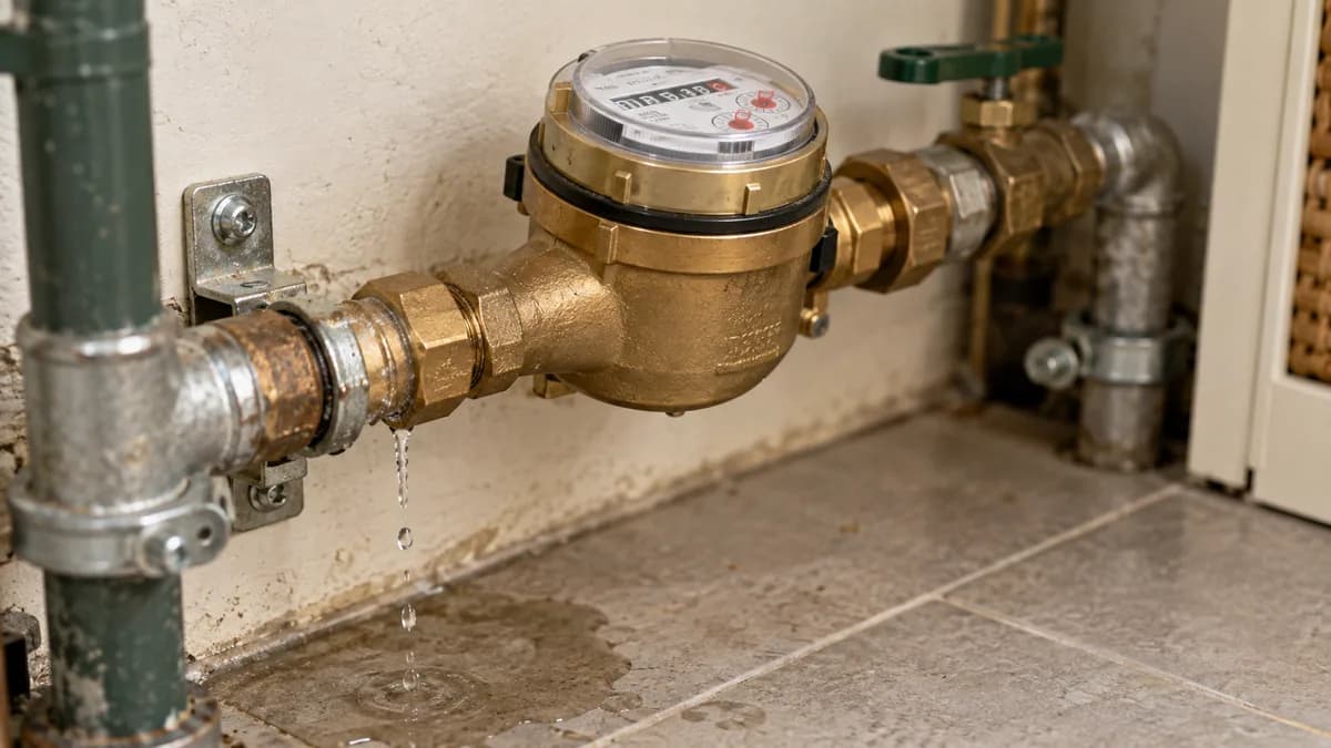 Compteur d’eau avec une fuite visible sur un raccord de canalisation