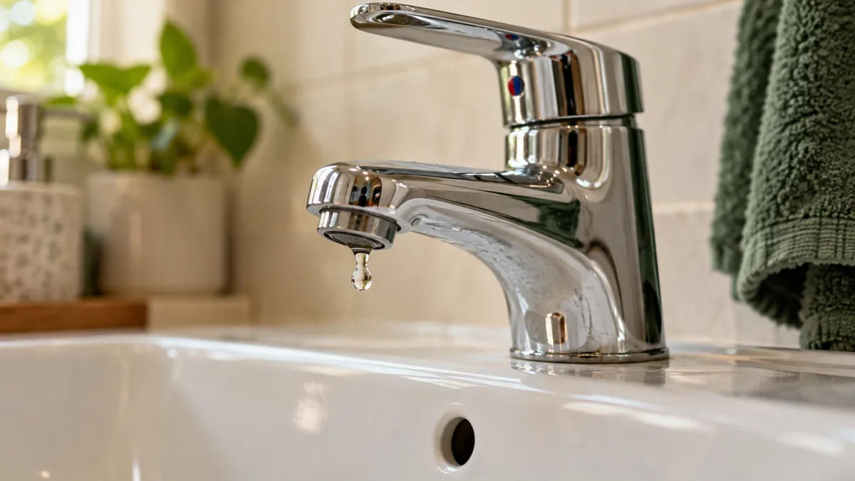 Goutte d’eau au bout d’un mitigeur chromé au-dessus d’un lavabo